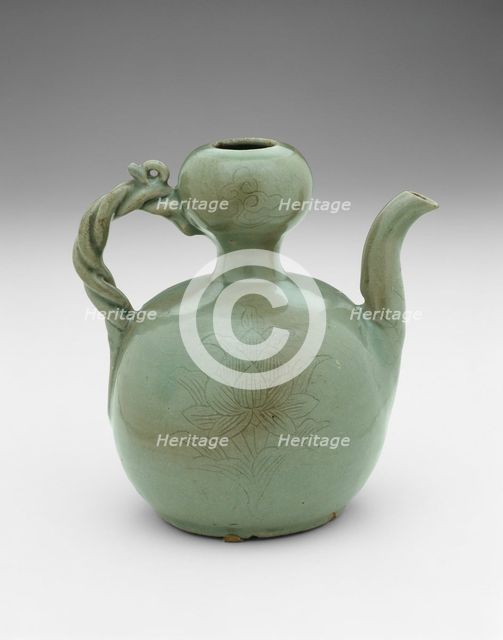 Gourd-Shaped Ewer with Twisted Rope Handle, Lotus Leaves, and Floral Sprays..., 12th century. Creator: Unknown.