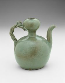 Gourd-Shaped Ewer with Twisted Rope Handle, Lotus Leaves, and Floral Sprays..., 12th century. Creator: Unknown