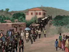 Governor Maxwell returns to Cape Coast Castle, from Cumasia, late 19th century. Creator: Unknown
