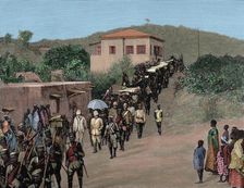 Governor Maxwell returns to Cape Coast Castle, from Cumasia, late 19th century. Creator: Unknown