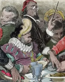 Governor Sancho's doctor refuses to let him eat to his heart's content, late 19th century. Creator: Gustave Doré