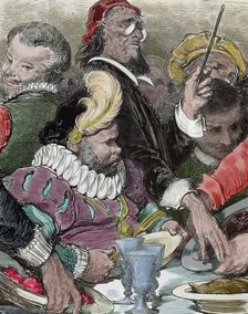 Governor Sancho's doctor refuses to let him eat to his heart's content, late 19th century. Creator: Gustave Doré
