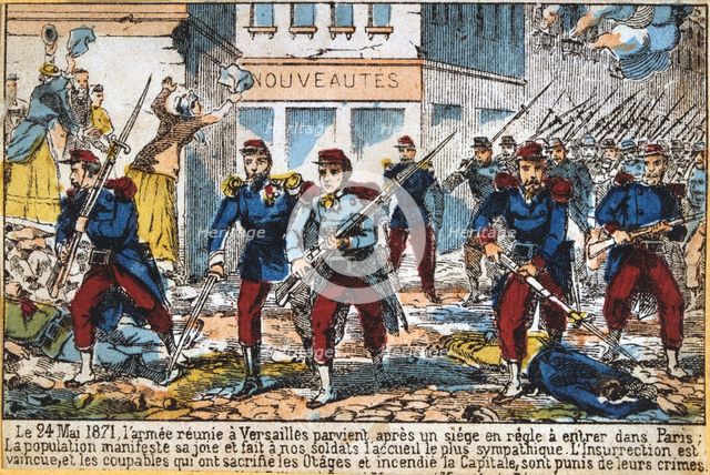 Government soldiers advancing into Paris to suppress the Commune, 24th May 1871. Artist: Anon
