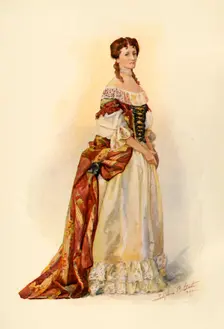 Gown of red brocade worn in the Barbados Colony c1685 1903, (1937). Creator: Sophie B Steel