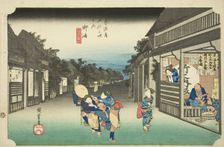 Goyu: Women Stopping Travelers (Goyu, tabibito tomeru onna), from the series "Fifty- ..., c. 1833/34 Creator: Ando Hiroshige