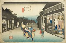 Goyu: Women Stopping Travelers (Goyu tabibito tomeru onna), from the series "Fifty-..., c. 1833/34. Creator: Ando Hiroshige