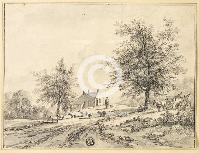 Goatherd, Goats on Road near Carriage and House, n.d. Creator: Bruno van Straaten.