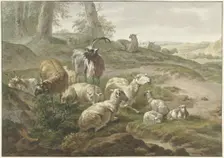 Goats and sheep in a hilly landscape, 1754-1831. Creator: Wybrand Hendriks