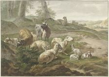 Goats and sheep in a hilly landscape, 1754-1831. Creator: Wybrand Hendriks