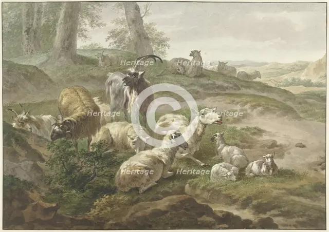 Goats and sheep in a hilly landscape, 1754-1831. Creator: Wybrand Hendriks.