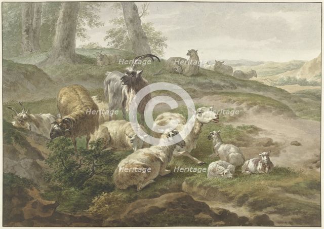Goats and sheep in a hilly landscape, 1754-1831. Creator: Wybrand Hendriks.