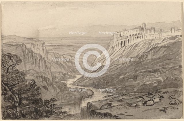 Goats Resting above a River Gorge (Narni, Italy), 1884/1885. Creator: Edward Lear.
