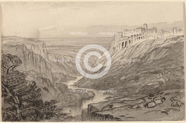 Goats Resting above a River Gorge (Narni, Italy), 1884/1885. Creator: Edward Lear.