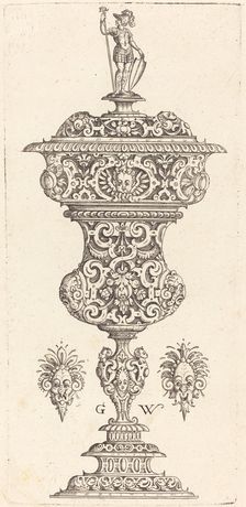 Goblet with lid surmounted by a Roman soldier, published 1579. Creator: Georg Wechter I