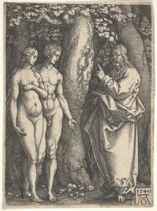 God at right forbidding the nude Adam and Eve at left to eat from the tree of knowledge in..., 1540. Creator: Heinrich Aldegrever