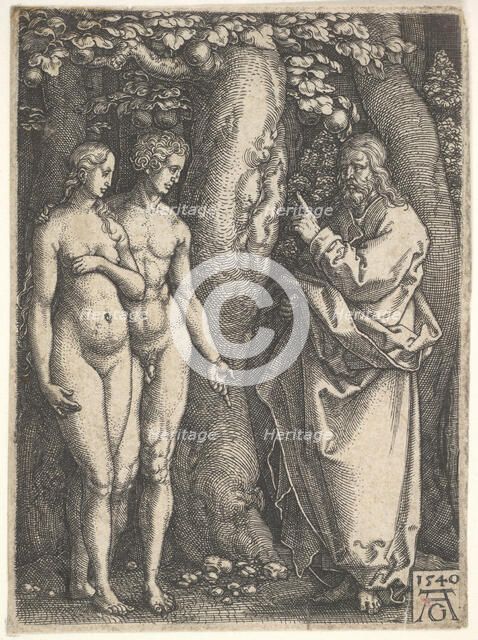 God at right forbidding the nude Adam and Eve at left to eat from the tree of knowledge in..., 1540. Creator: Heinrich Aldegrever.