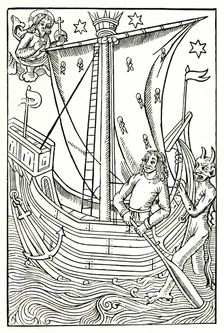 God and Satan vying for the soul of man, who is navigating the ocean of vices, c1490, (1896). Creator: Unknown