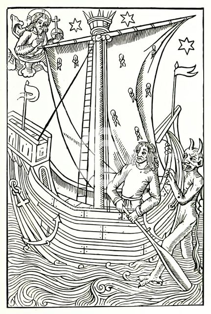 God and Satan vying for the soul of man, who is navigating the ocean of vices, c1490, (1896).  Creator: Unknown.