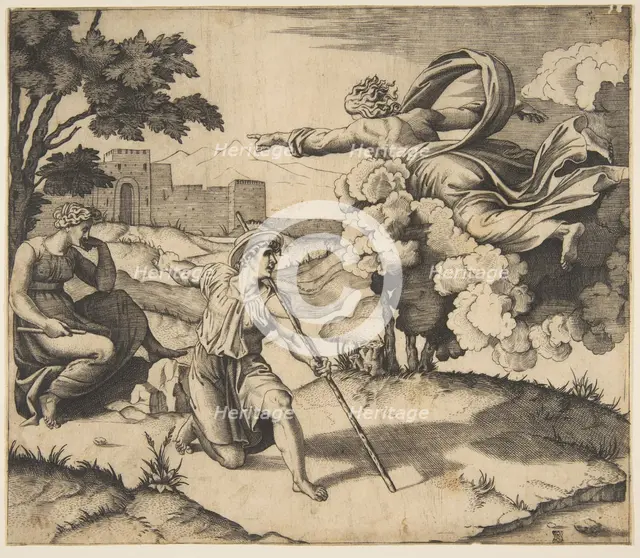 God appearing to Isaac; God floating in clouds pointing toward Rebecca seated under..., ca. 1515-27. Creator: Marco Dente.