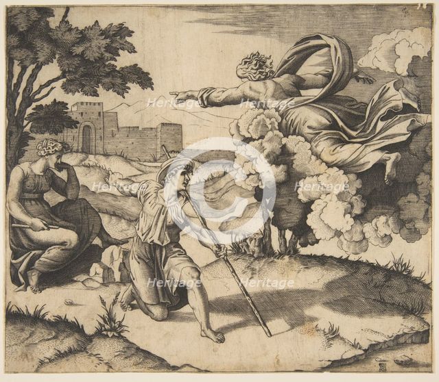 God appearing to Isaac; God floating in clouds pointing toward Rebecca seated under..., ca. 1515-27. Creator: Marco Dente.