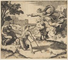 God appearing to Isaac; God floating in clouds pointing toward Rebecca seated under..., ca. 1515-27. Creator: Marco Dente