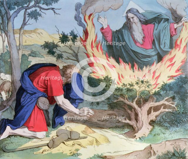 God appears to Moses in a burning bramble, engraving, 1860.
