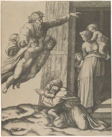 God carried by angels, appearing to Noah and his family, after the Flood , ca. 1513-15. Creator: Marcantonio Raimondi