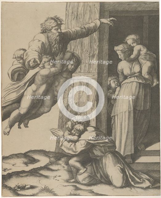 God carried by angels, appearing to Noah and his family, after the Flood , ca. 1513-15. Creator: Marcantonio Raimondi.