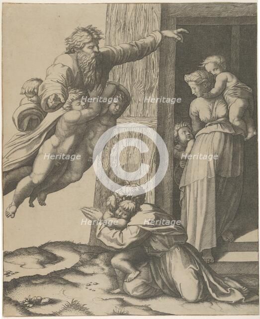 God carried by angels, appearing to Noah and his family, after the Flood , ca. 1513-15. Creator: Marcantonio Raimondi.