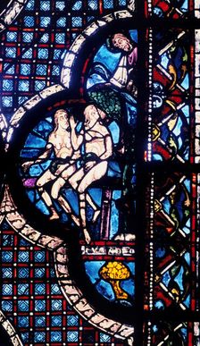 God confronts Adam and Eve, stained glass, Chartres Cathedral, France, 1205-1215