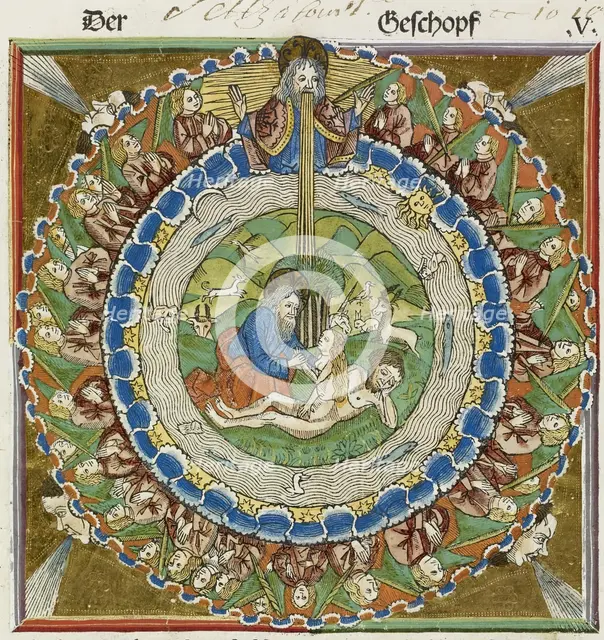 God creating Eve from Adam's rib, 1483.  Creator: Unknown.