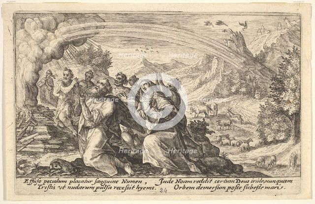 God enters into a covenant with Noah: next to a smoking pyre Noah kneels in a gesture of p..., 1612. Creator: Crispijn de Passe I.