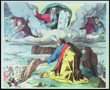 God gives Moses the Ten Commandments on Mount Sinai, engraving, 1860