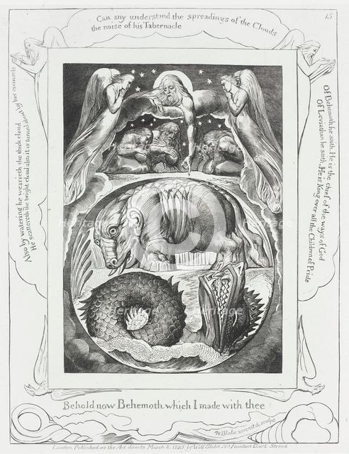 God Pointing out Behemoth...and Leviathan, 1825. Creator: William Blake.