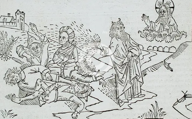 God Sends the Flies to Egypt (recto); God Sends Boils to Egypt (verso), published 1483. Creator: Unknown.