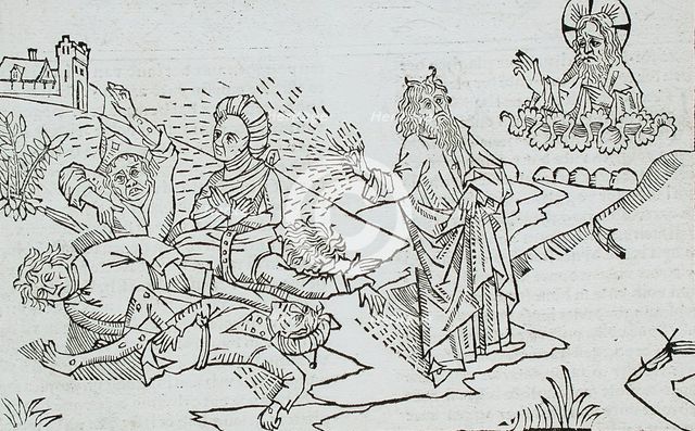 God Sends the Flies to Egypt (recto); God Sends Boils to Egypt (verso), published 1483. Creator: Unknown.