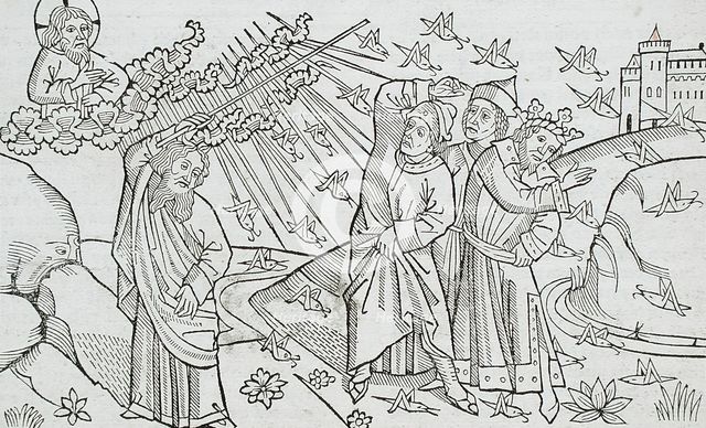 God Sends the Locusts to Egypt (recto); God Sends Hail to Egypt (verso), published 1483. Creator: Unknown.