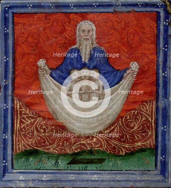 God the Father with three souls, being raised from the dead (Book of Hours), c.1410. Artist: Scheerre, Herman (active c. 1405-1425)