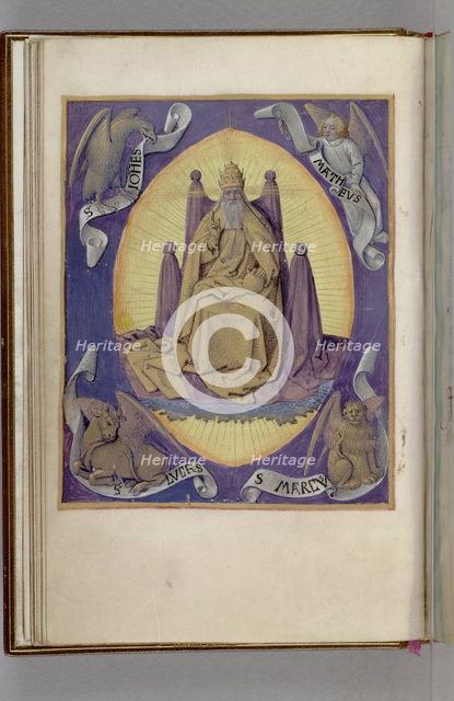 God the Father with symbols of the four Evangelists in the corners. (Book of Hours), 1450-1499. Artist: Fouquet, Jean (workshop)  