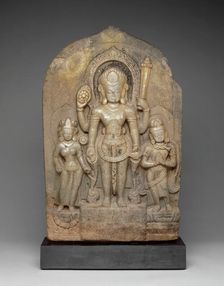 God Vishnu with Goddess Lakshmi and His Mount, Garuda, in Attendance, 11th century. Creator: Unknown
