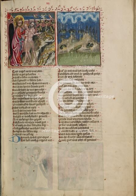 God with Adam and Eve: The First Rain in Paradise; Weltchronik, about 1400-1410. Creator: Unknown.