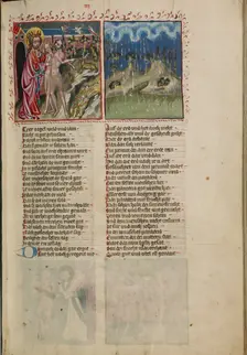 God with Adam and Eve: The First Rain in Paradise; Weltchronik, about 1400-1410. Creator: Unknown