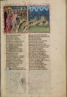 God with Adam and Eve: The First Rain in Paradise; Weltchronik, about 1400-1410. Creator: Unknown