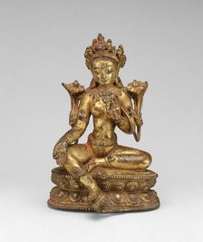 Goddess Green Tara Seated with Hand in Gesture of Gift Giving (Varadamudra), 14th century. Creator: Unknown