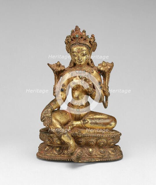 Goddess Green Tara Seated with Hand in Gesture of Gift Giving (Varadamudra), 14th century. Creator: Unknown.