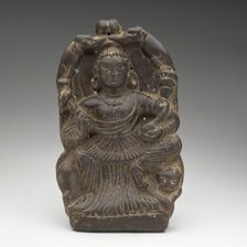Goddess of Abundance Enthroned on Lion and Lustrated by Elephants, 7th/8th century. Creator: Unknown