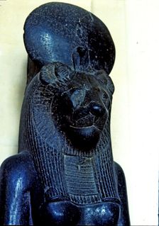 Goddess Sekhmet represented with lioness head, made in diorite, detail of the top, from Thebes, A…