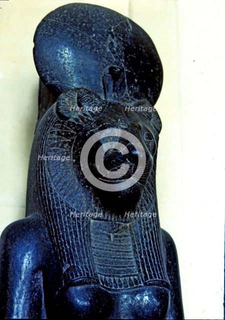 Goddess Sekhmet represented with lioness head, made in diorite, detail of the top, from Thebes, A…