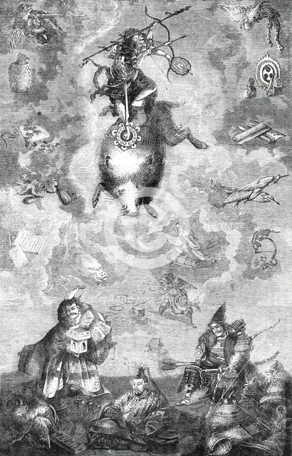 Gods of the old Japanese mythology: the War-God Maris descending on the Holy Boar, 1860. Creator: Unknown.