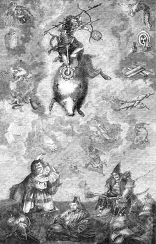 Gods of the old Japanese mythology: the War-God Maris descending on the Holy Boar, 1860. Creator: Unknown